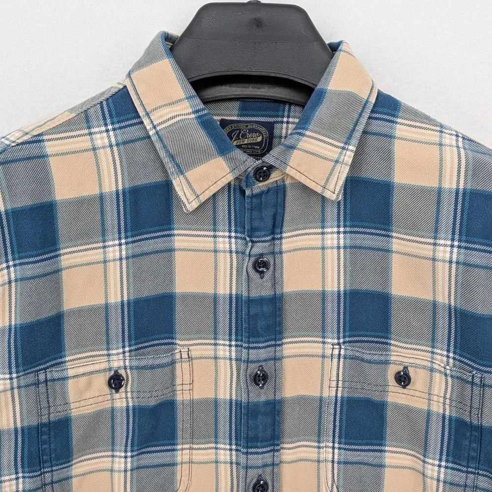 J.Crew Plaid Flannel Shirt Men's L Blue Cream Heavyweight Cotton Workwear Casual